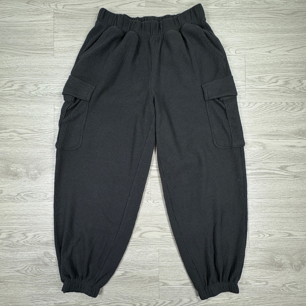 Aerie Women's Pants Waffle Knit Cargo Joggers Black Small Lounge Sweatpants Cozy